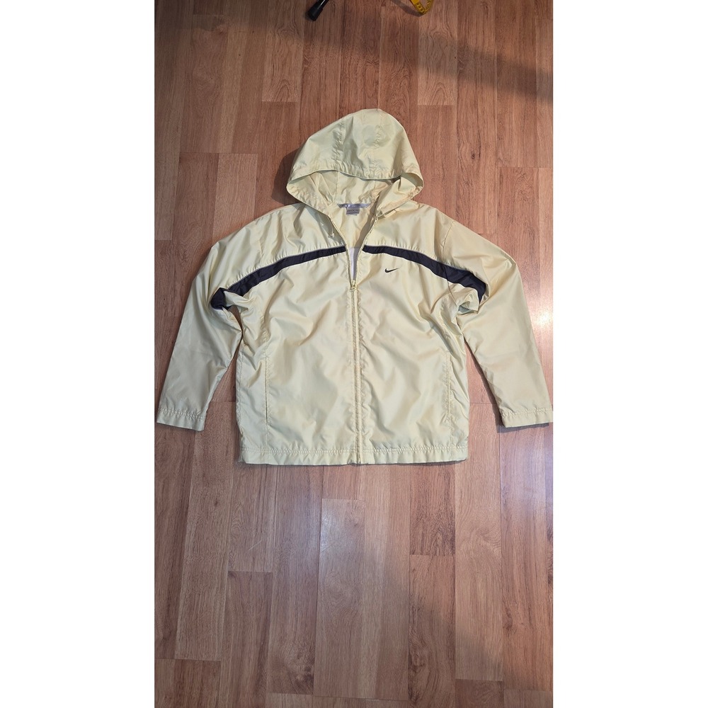 Nike Vintage Windbreaker Jacket Hooded Pale Yellow Black Stripe Kids Medium 8-10